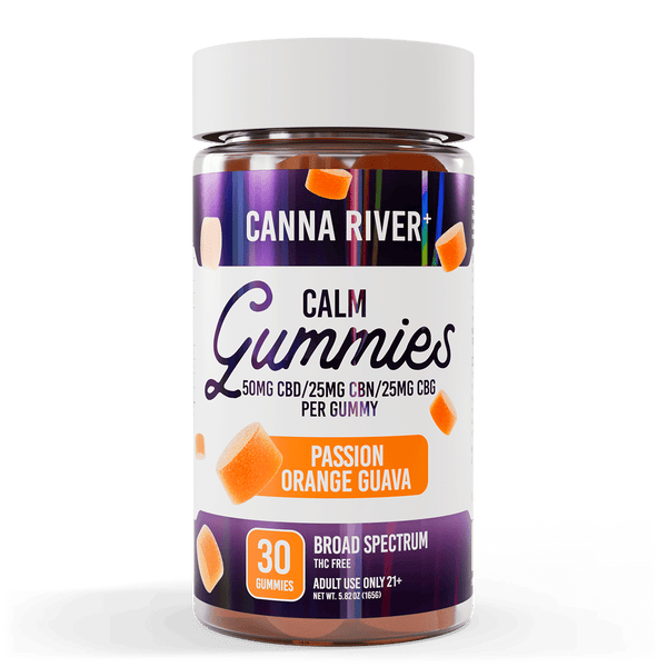 CBD Calm Gummies Gummy Canna River Broad Spectrum (THC Free) Passion Orange Guava 50mg CBD + 25mg CBN + 25mg CBG per Gummy / 30 Gummies