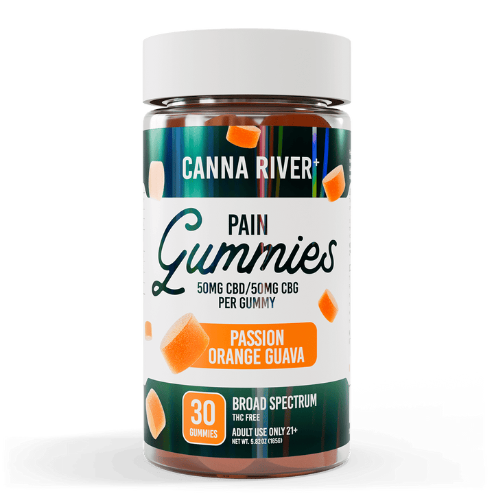 CBD Pain Gummies Gummy Canna River Broad Spectrum (THC Free) Passion Orange Guava 50mg CBD + 50mg CBG per Gummy / 30 Gummies