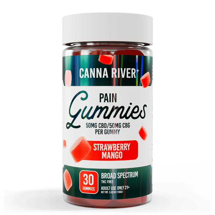 CBD Pain Gummies Gummy Canna River Broad Spectrum (THC Free) Strawberry Mango 50mg CBD + 50mg CBG per Gummy / 30 Gummies