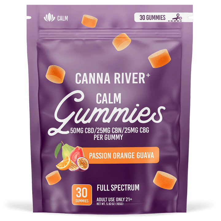 CBD Calm Gummies Gummy Canna River Full Spectrum (Contains THC) Passion Orange Guava 50mg CBD + 25mg CBN + 25mg CBG per Gummy / 30 Gummies